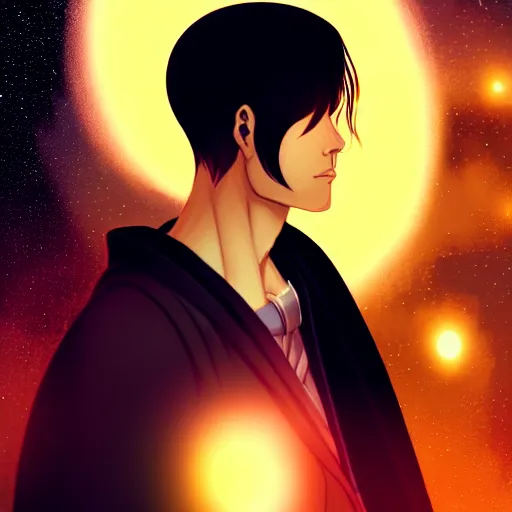 Image similar to a man with with brown hair, wearing a black robe with the tips made of gold, setting in space with a galaxy in the backround, depth of field, on amino, by sakimichan patreon, wlop, weibo high quality art on artstation