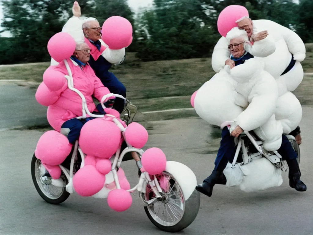 Image similar to a martin parr photo of a grandpa couple, wearing michelin man white body costumes, going super fast on a pink pig, 1 9 7 0 s kodachrome colour photo, flash on camera,