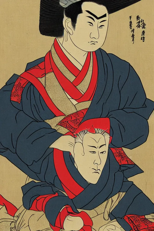 Prompt: a portrait of chow yun - fat in samurai armor, in the art style of ukiyo - e, sengoku - era art style, artistic 4 k