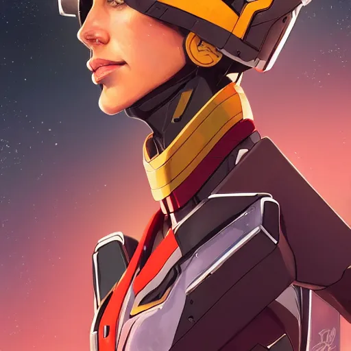 Image similar to a portrait of a stunning beautiful elite gal gadot gundam pilot, with an intricate, detailed, urban inspired hiphop afro futuristic helmet, vector behance hd jesper ejsing, rhads, makoto shinkai, lois van baarle, ilya kuvshinov, rossdraws, hd, 3 2 k, ilya kuvshinov, gustav klimt