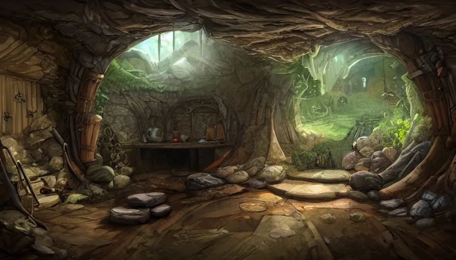 Image similar to concept art of the inside of a hobbit - hole, digital art, trending on artstation