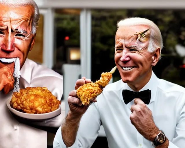 Prompt: Joe Biden as Colonel Sanders eating KFC, photograph