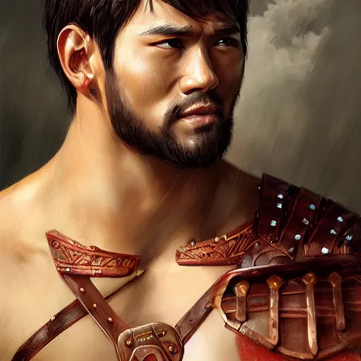 Image similar to Gladiator, muscular, asian, handsome, detailed face, correct face, painting by wlop