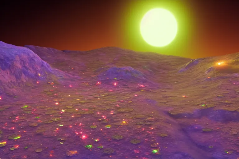 Prompt: Glowing amber explosions uphill on the moon surface, by Haeckel and Hellen Jewett, Artstation, volumetric lighting, lots of sparkles and glitter