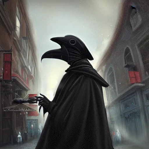 Image similar to plague doctor walking the streets of london by raymond swanland, highly detailed,