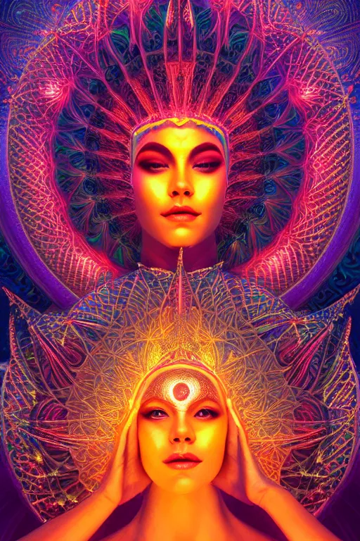 Image similar to a centered render of an alluring goddess wearing a psychedelic mask surrounded by a glorious sacred energy made from geometry and spiral mandel bulb fractals in a majestic temple, powerful, cinematic, beautifully lit, by artgerm, by karol bak, 3 d, trending on artstation, octane render, 8 k