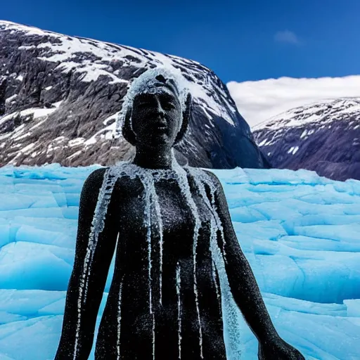 Image similar to woman statue made of ice on the glacier in norway mountain,