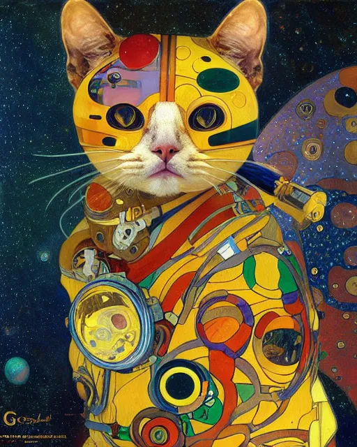 Image similar to cosmonaut cat portrait an oil painting splashes with many colors and shapes by gustav klimt greg rutkowski and alphonse mucha, polycount, generative art, psychedelic, fractalism, glitch art