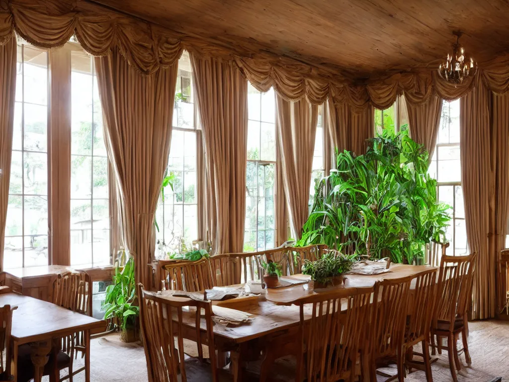 Prompt: interior shot of an old large dining room with wooden panels, large windows, lots of plants, satin curtains