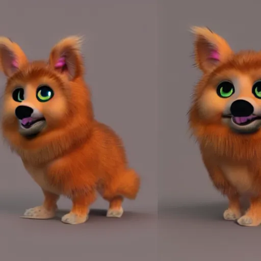 Image similar to concept art of a furby corgi toy, 3 d render, extremely detailed and lifelike, hyperrealistic