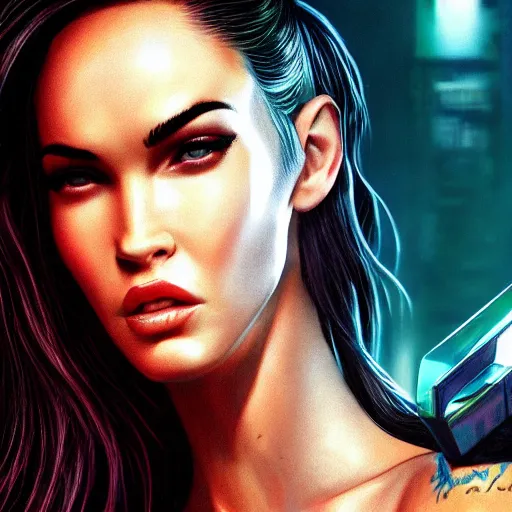 Image similar to Megan Fox portrait, Cyberpunk 2077 style