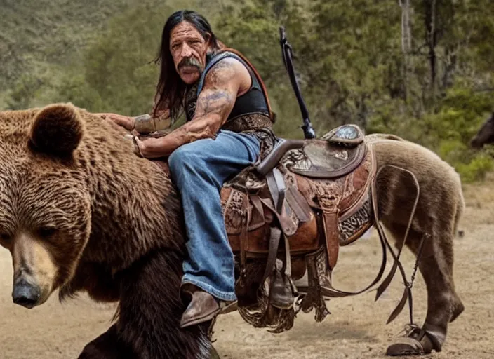 Image similar to film still of danny trejo on a saddle riding a bear wearing a bandana in mexico, 8 k