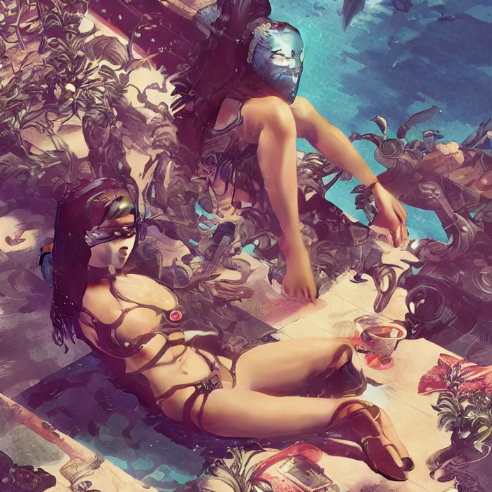 Prompt: tiny young woman sitting by the pool from the movie bill & ted's excellent pool party, fractal cyborg ninja background, 8 k, realistic, highly detailed, art by todd mcfarlane, artgerm, greg rutkowski, alphonse mucha