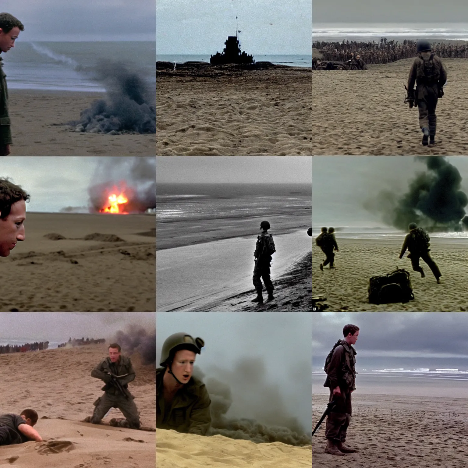 Prompt: Movie still of Mark Zuckerberg taking cover on Omaha Beach in Saving Private Ryan, establishing shot, smoke, gritty, action photo