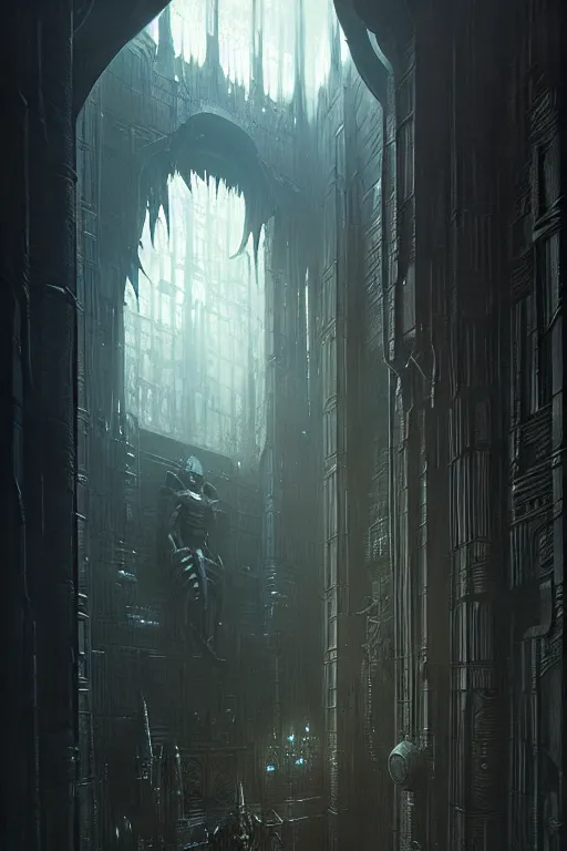 Image similar to demon lair by greg rutkowski, giger, maxim verehin