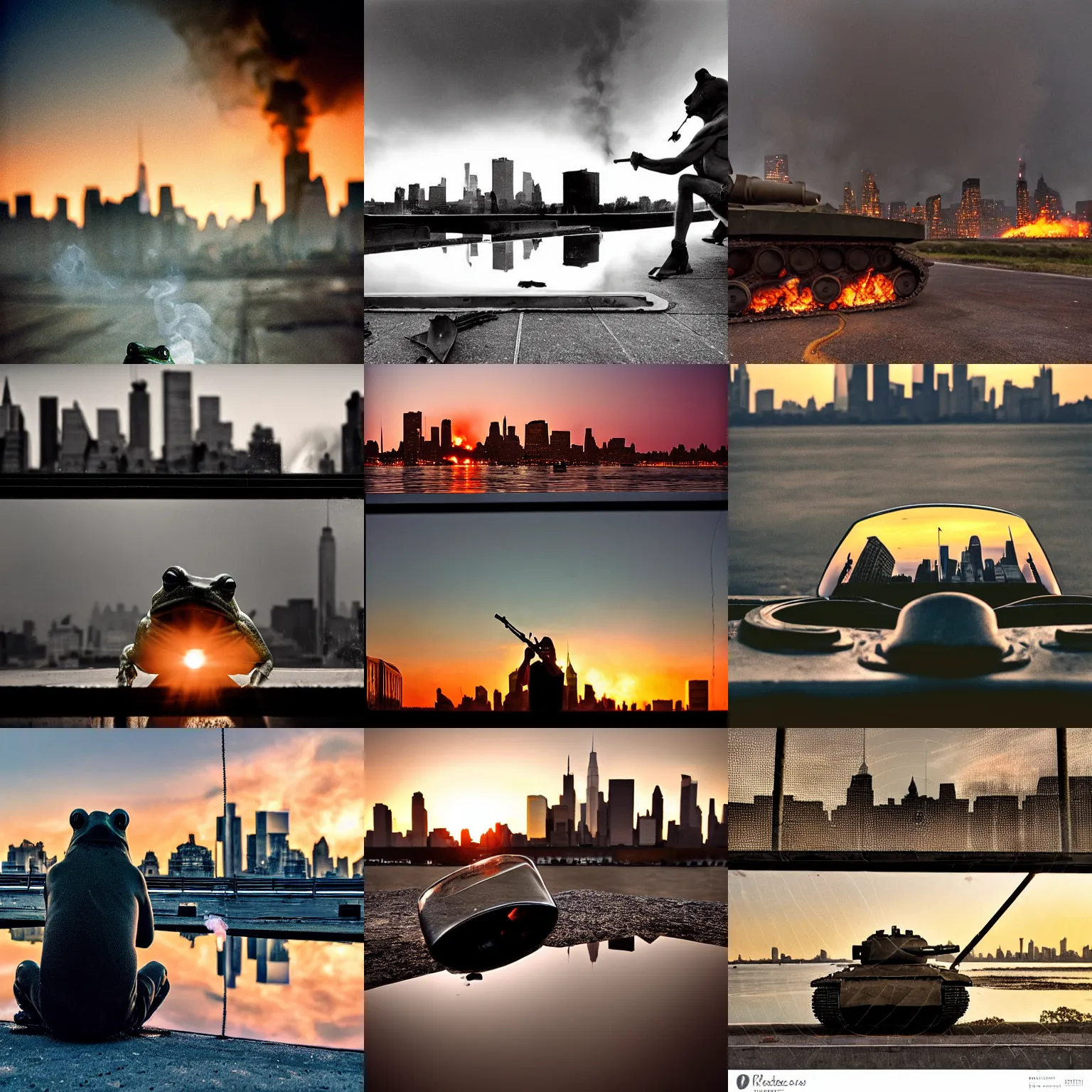 Prompt: frog - eye view, destroyed tank in front of the new york skyline, smoking and burning, reflections, award winning photograph, sunset, desolate, atmospheric