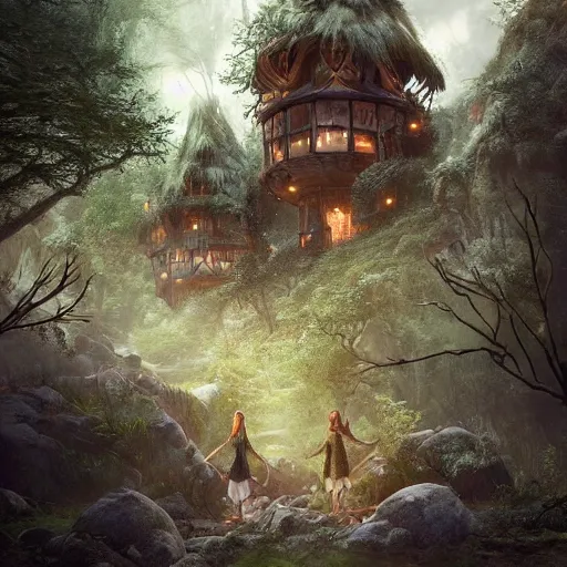 Image similar to elves living in elven treehouses, beautiful landscape, dramatic lighting, cinematic, extremly high detail, photorealistic, cinematic lighting, post processed, concept art, artstation, matte painting, style by greg rutkowsky