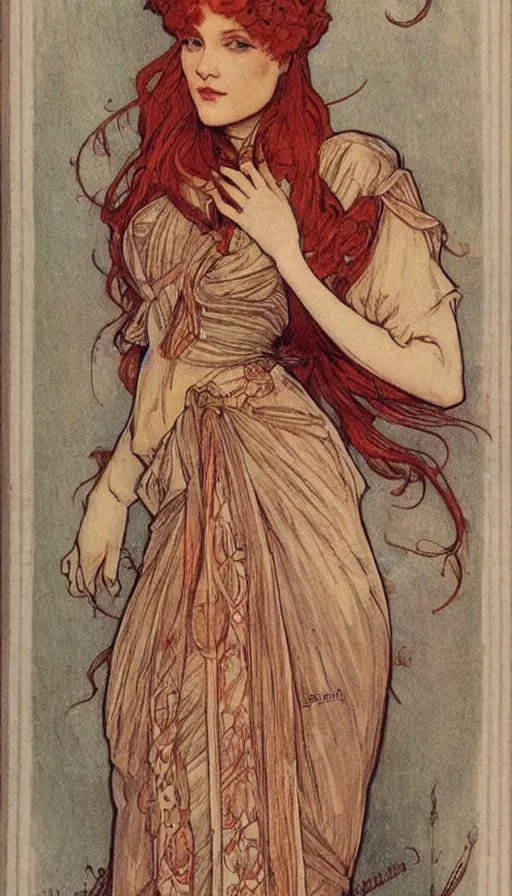 Image similar to beautiful redhead woman, bow around waist, ornate, mucha