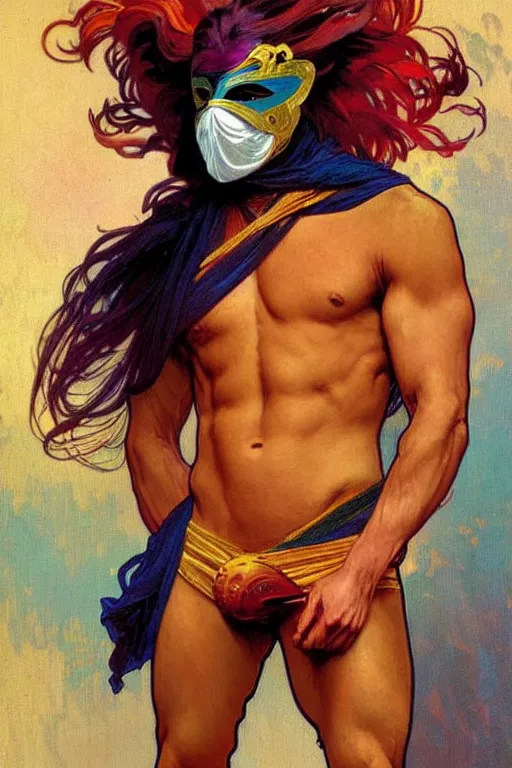 Image similar to A man wearing colorful mask, hair like fire, muscular, painting by greg rutkowski and alphonse mucha