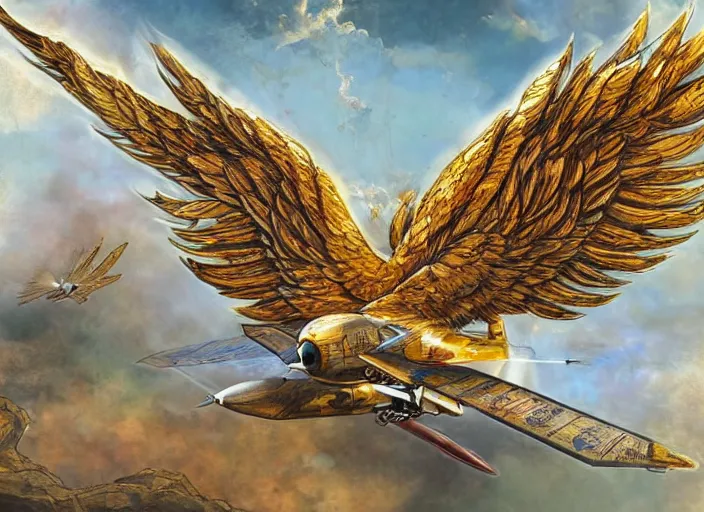 Prompt: concept art of an angelic apache fighter jet with golden feathery bird wings with ornate rococo patterns flying over an enchanted forest, solarpunk, fantasy art, art book