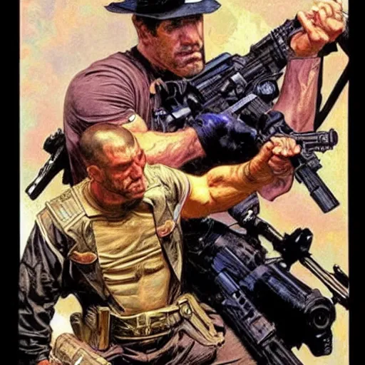 Prompt: The punisher fighting cops. Epic painting by James Gurney, Belén Ortega, and alphonso mucha. vivid realistic colors.