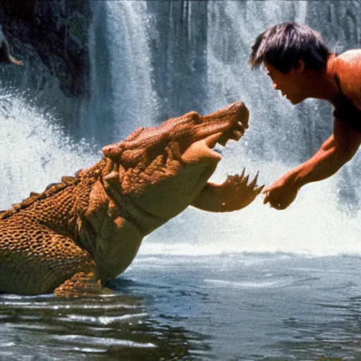 Image similar to steve irwin with dingo and crocodile ( ( ( ( bruce lee ) ) ) ), waterfall background, epic detailed cinematic photography