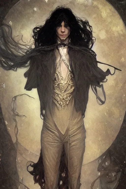 Image similar to skinny male magician, long dark hair, 1920, fantasy, intricate, highly detailed, digital painting, artstation, concept art, smooth, sharp focus, art by art by Artem Demura and Alphonse Mucha, ArtGerm, Valentina Remenar, Gaston Bussiere, Cedric Peyravernay