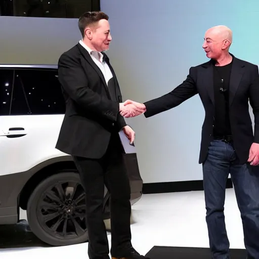 Prompt: Elon Musk shaking hands with Jeff Bezos