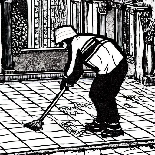 Image similar to man mopping the floor, very beautiful ink illustration, masterpiece, intricate detail, ornate , elaborate