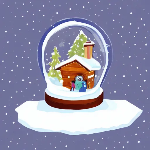 Prompt: A snowglobe with a broken wooden chair and falling snow inside of the snowglobe. Illustration