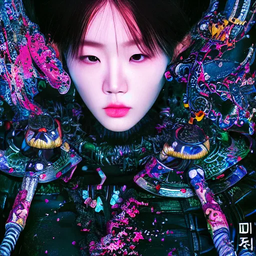 Prompt: photo realistic, high level of detail, high resolution, 3 5 mm lens : ( subject = korean top model + ( object = long sleeve t shirt + object detail = high definition highly detailed baroque cyberpunk shamaness, varnished oil paint in bright colors on black background with small background color splatters, by katsuhiro otomo ) )