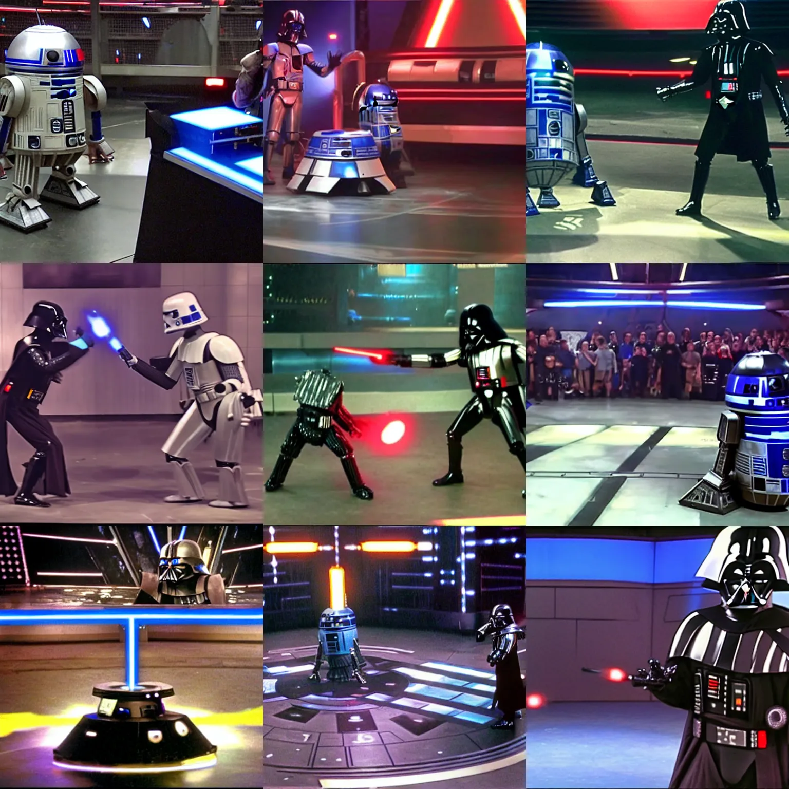 Prompt: Darth Vader fighting R2-D2, on the Battlebots arena, tv still from ''Battlebots'
