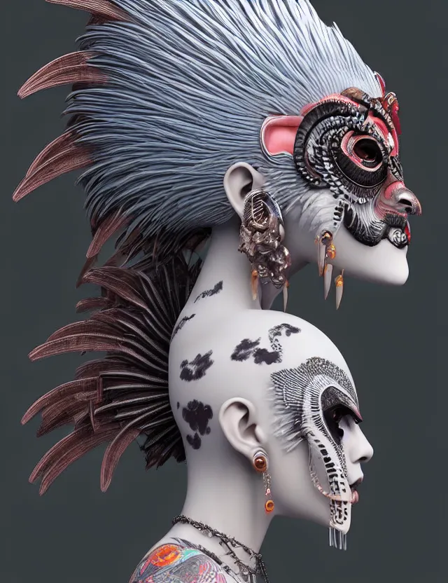 Image similar to 3 d goddess close - up profile simple portrait punk with mohawk with goat skull. beautiful intricately detailed japanese crow kitsune mask and clasical japanese kimono. betta fish, jellyfish phoenix, bio luminescent, plasma, ice, water, wind, creature, artwork by tooth wu and wlop and beeple and greg rutkowski