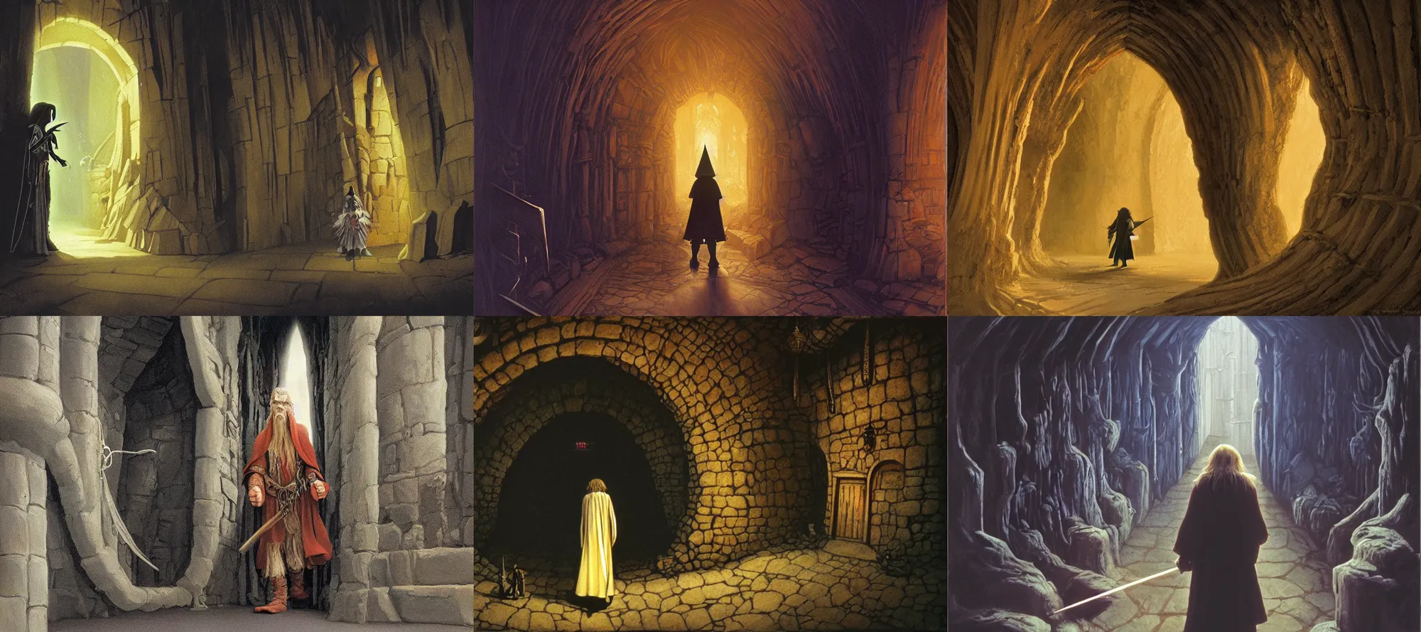 Prompt: a wizard walking through a dungeon, looks like it's from labyrinth, dark crystal and bazaar, painting by ralph mcquarrie, ultrawide angle, f 1 6, golden ratio, f 3 2, well composed, cohesive