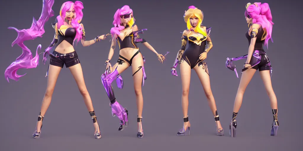 Prompt: character sheet of beautiful KDA More Miss Fortune (wild rift) 3d render octane render k-pop music video game art realistic highly detailed trending on artstation 4k trending on artstation pixar cgsociety unreal engine 5 redshift render trending on artstation blender behance cg