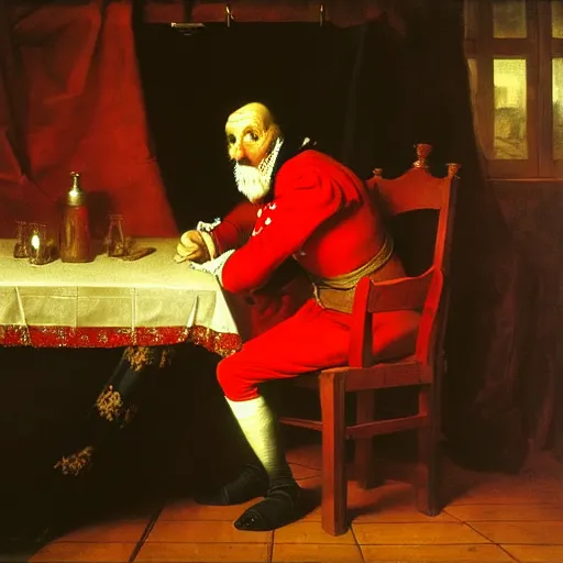 Image similar to a plotting man in a red jester suit sitting in a wooden chair near a table covered with cloth. the room is dimly lit. art style of Jan Matejko, ominous, realistic, highly detailed