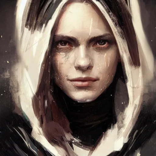 Image similar to portrait of an woman by Greg Rutkowski, she is about 20 years old, pretty, long brown wavy hair, scar near her mouth that makes her look like she's smiling all the time, wearing black sith robes, Star Wars Expanded Universe, highly detailed portrait, digital painting, artstation, concept art, smooth, sharp foccus ilustration, Artstation HQ
