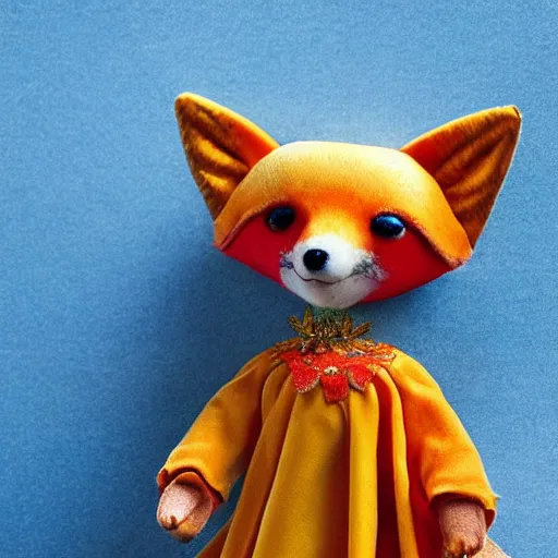 Image similar to a saturated view of a toy fox wearing a beautiful dress, highly detailed, exquisite, fabulous