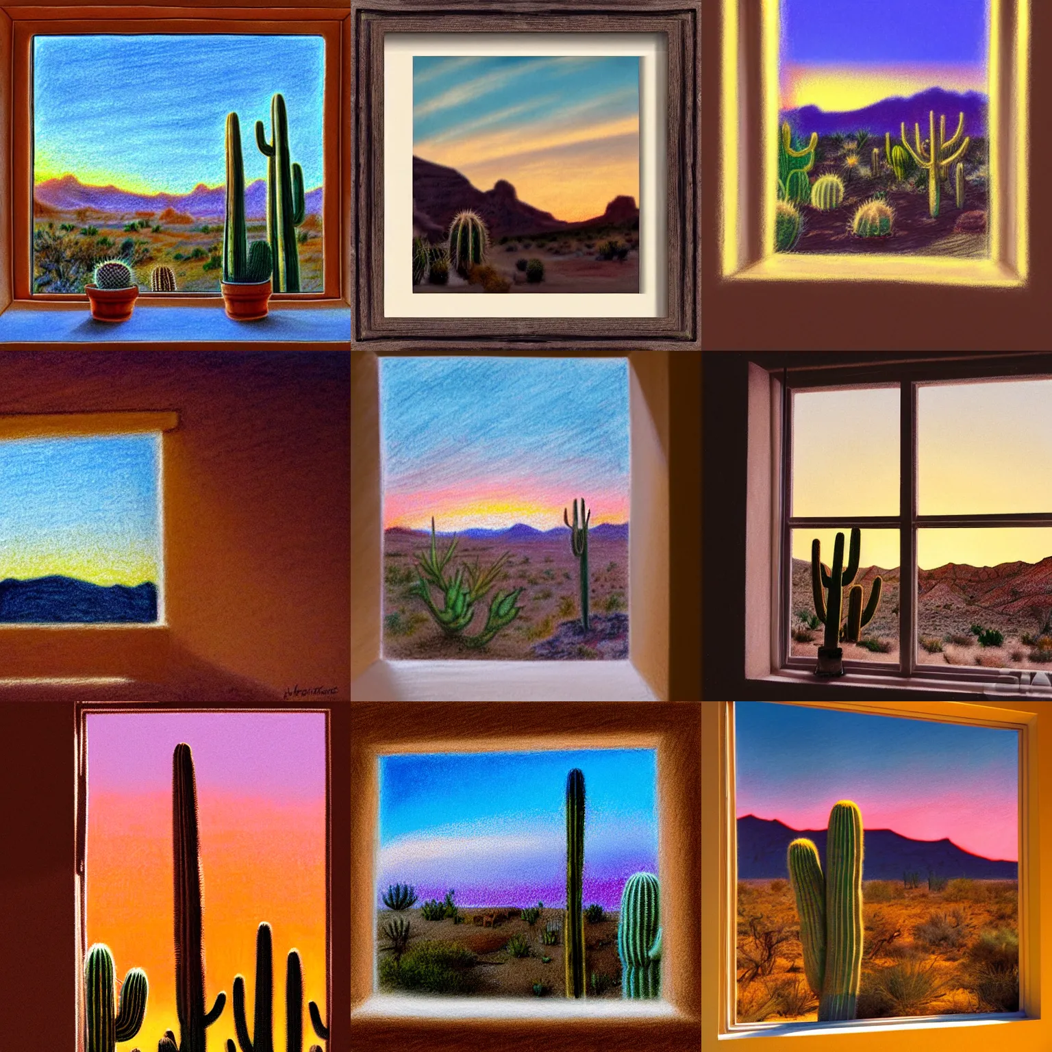 Prompt: pastel drawing of an arizona sunset viewed through the window of a plaster home, dramatic lighting, american southwest, cactus, desert, sunset