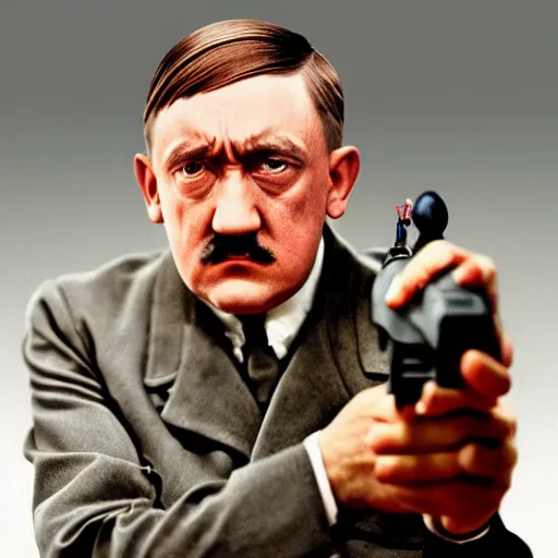 Prompt: photo of adolf hitler pointing a gun to his head while crying in the style of martin schoeller