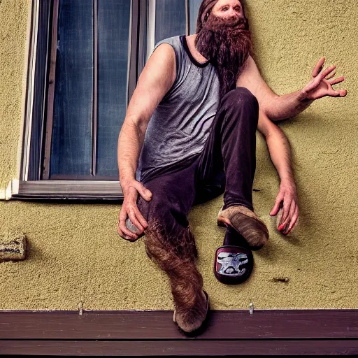 Prompt: long bearded man sliding down the gutter on the side of a house, coherent. cinematic, hyper realism, high detail, 8 k