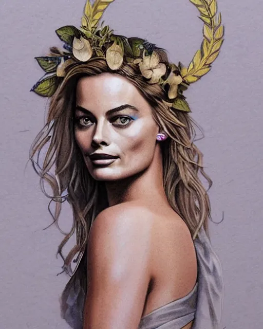 Image similar to realism tattoo sketch of margot robbie as a beautiful greek goddess aphrodite with piercing eyes wearing a laurel wreath and triangle earrings, in the style of greg rutkowski, amazing detail