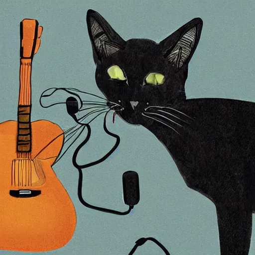 Image similar to skeleton wearing headphones watching girl playing guitar with her black cat standing next to her, digital art