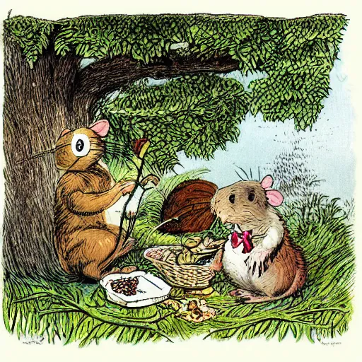 Prompt: “mole and water rat having a picnic under a tree on the river bank, coloured storybook illustration from wind in the willows, by sir John tenniel”