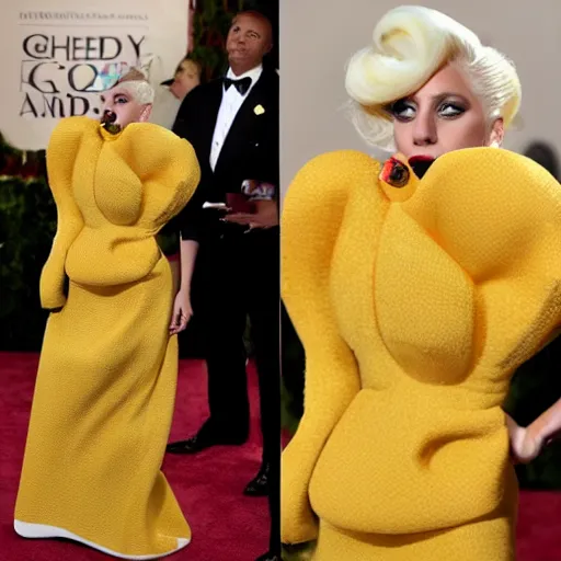 Image similar to lady gaga wearing a cheese based dress