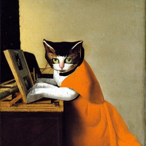 Image similar to cat on keyboard tragedy in the style of johannas vermeer