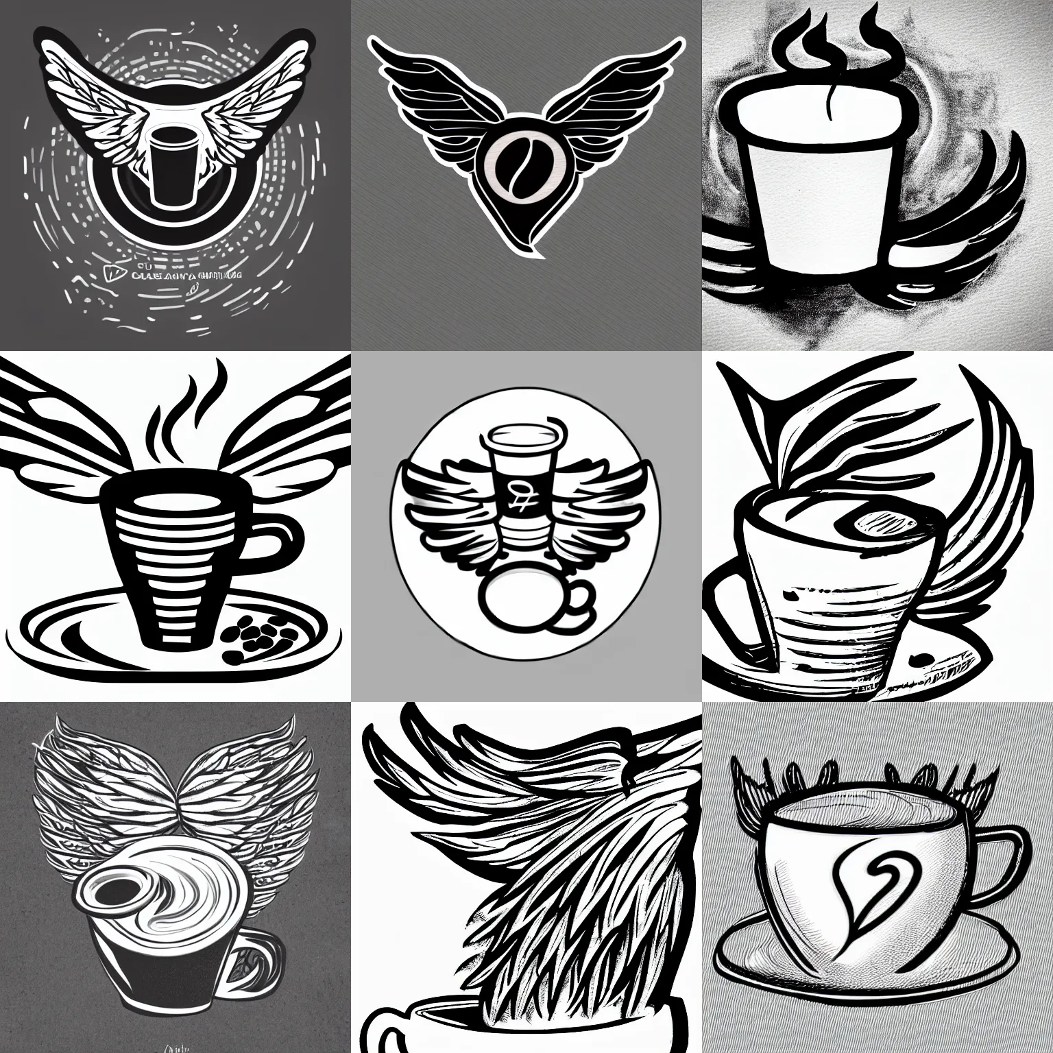 Prompt: a logo cup of coffee with wings, black and white, lineart