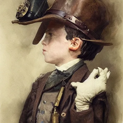 Image similar to by Jean-Baptiste Monge !!!!!!!!!!!!!!!!!!!!!!!!!!! (((((((((portrait of boy dressed as steampunk detective wearing leather gloves . muted colors.)))))))))