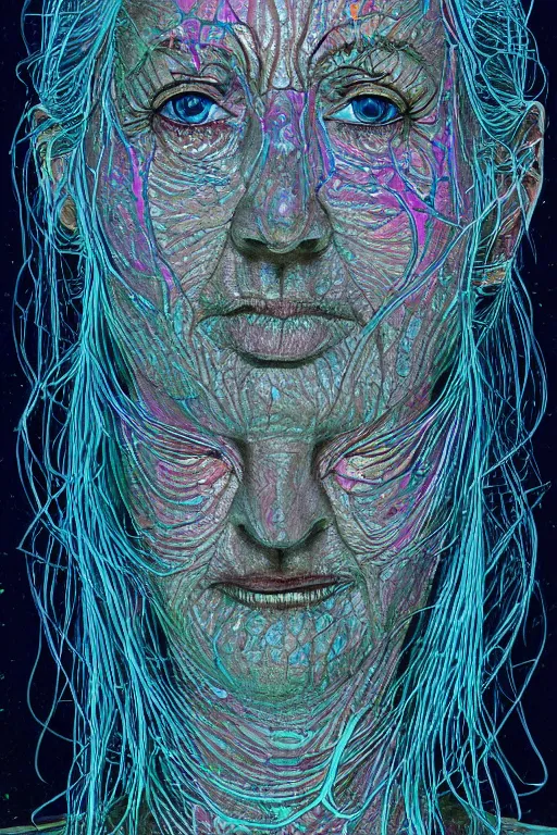 Image similar to dark underwater portrait of one bioluminescent old woman, with cracked reaction diffusion semi - transparent skin. multicolored fish scales, face closeup. long intricate dark hair. good face proportions. with many jellyfishes. very high detail, illustration, by alex grey and ilya kuvshinov