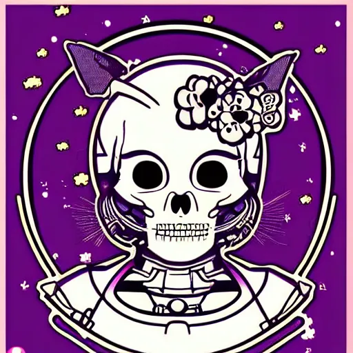 Image similar to manga skull portrait apes female astronaut profile skeleton hello Kitty kawaii illustration detailed style by Alphonse Mucha pop art nouveau